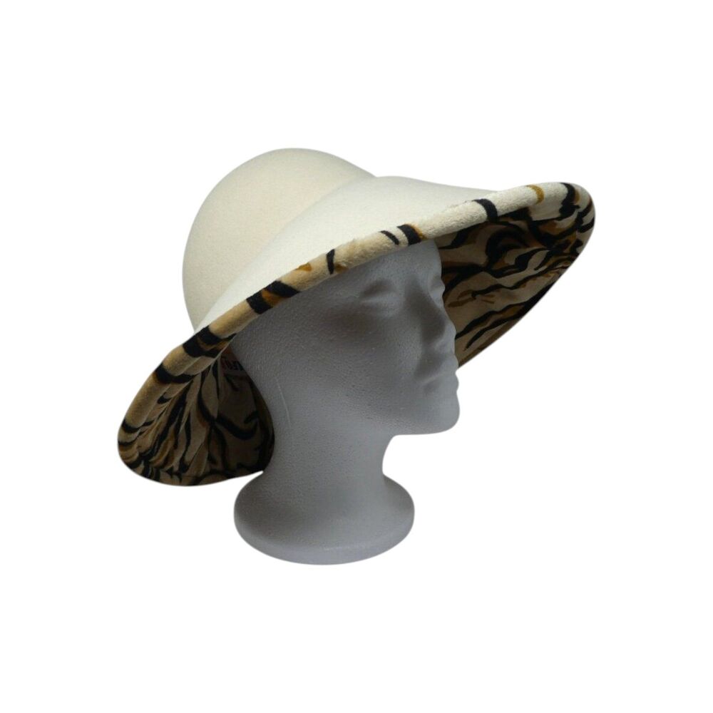 Vintage Adolpho II Cream Wool Tiger Stripe Velour Wide Brim Bucket Hat